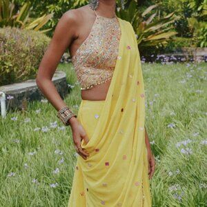 TAMANNA PUNJABI KAPOOR Yellow Pre-Stitched Saree Set Haldi, Mehendi, Sangeet